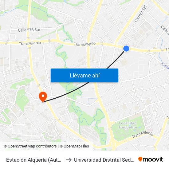 Estación Alquería (Auto Sur - Kr 51) to Universidad Distrital Sede Tecnológica map