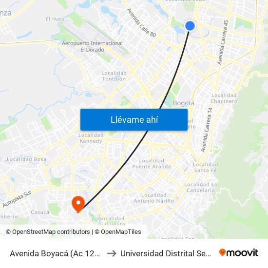 Avenida Boyacá (Ac 127 - Av. Boyacá) to Universidad Distrital Sede Tecnológica map