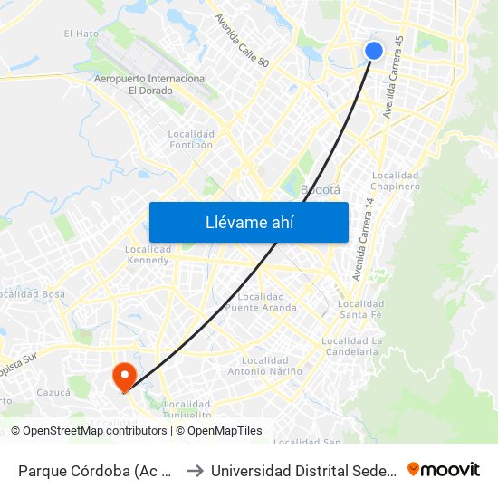 Parque Córdoba (Ac 127 - Kr 54) to Universidad Distrital Sede Tecnológica map