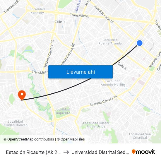 Estación Ricaurte (Ak 27 - Ac 13) (B) to Universidad Distrital Sede Tecnológica map