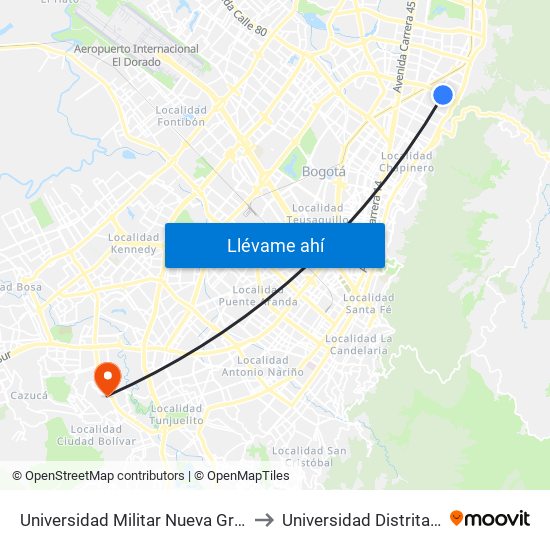 Universidad Militar Nueva Granada (Ac 100 - Kr 10) (A) to Universidad Distrital Sede Tecnológica map