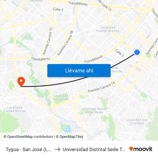 Tygua - San José (Lado Sur) to Universidad Distrital Sede Tecnológica map
