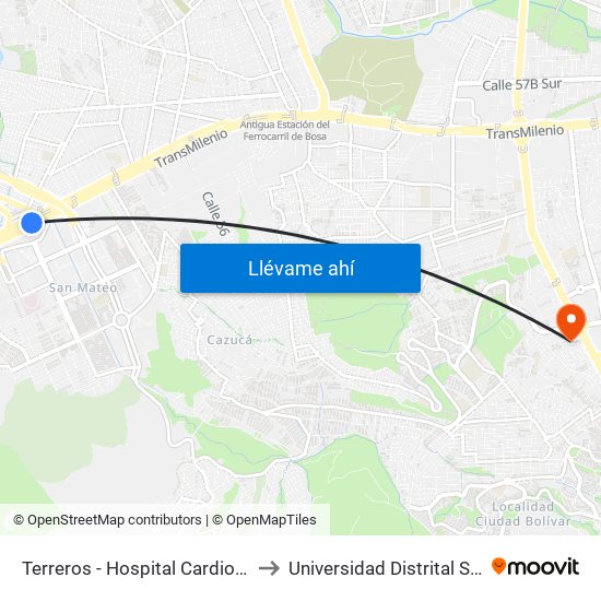 Terreros - Hospital Cardiovascular (Lado Sur) to Universidad Distrital Sede Tecnológica map