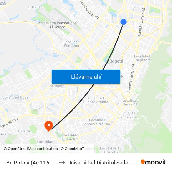 Br. Potosí (Ac 116 - Kr 70h) to Universidad Distrital Sede Tecnológica map