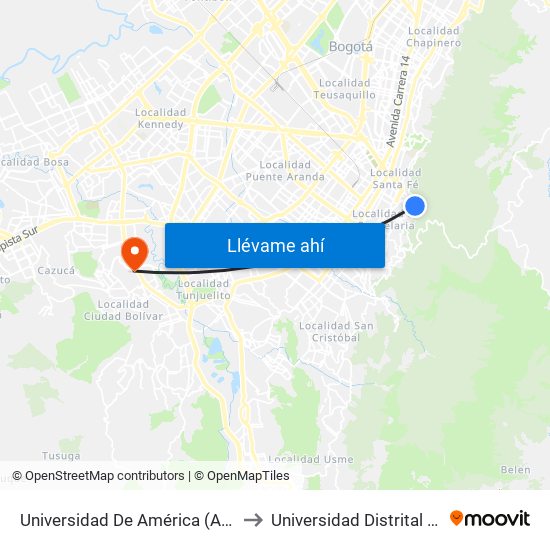 Universidad De América (Av. Circunvalar - Cl 19a) to Universidad Distrital Sede Tecnológica map