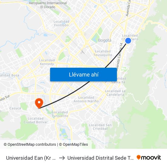 Universidad Ean (Kr 9 - Cl 71) to Universidad Distrital Sede Tecnológica map