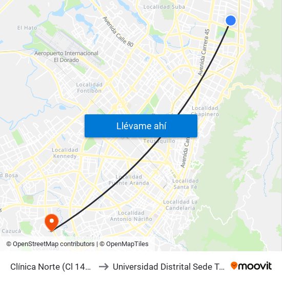 Clínica Norte (Cl 140 - Kr 12) to Universidad Distrital Sede Tecnológica map