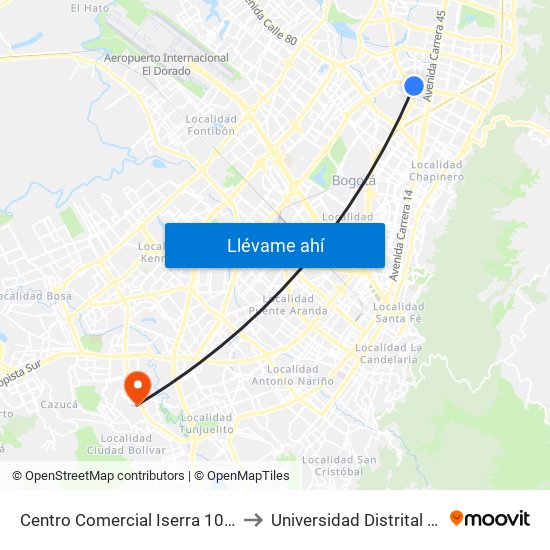 Centro Comercial Iserra 100 (Ac 100 - Kr 54) (A) to Universidad Distrital Sede Tecnológica map