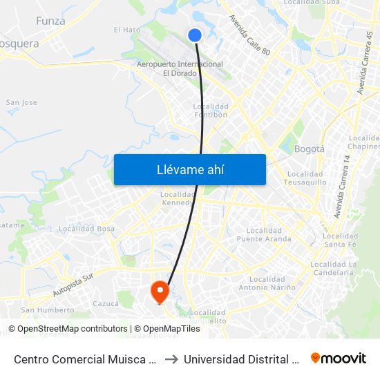 Centro Comercial Muisca (Cl 64 - Kr 118b) (A) to Universidad Distrital Sede Tecnológica map