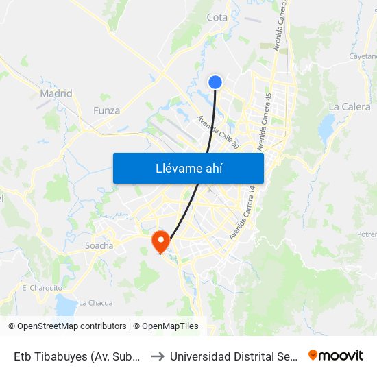 Etb Tibabuyes (Av. Suba - Kr 114c) (A) to Universidad Distrital Sede Tecnológica map