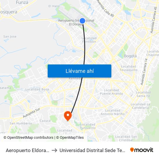 Aeropuerto Eldorado (B) to Universidad Distrital Sede Tecnológica map