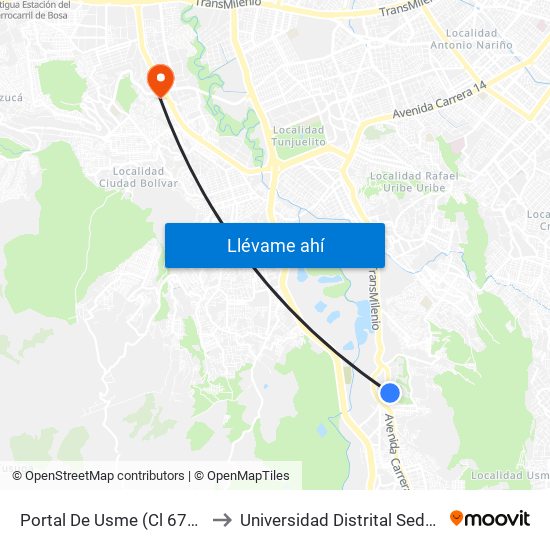 Portal De Usme (Cl 67d Sur - Kr 11) to Universidad Distrital Sede Tecnológica map