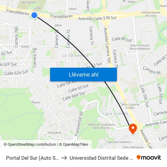 Portal Del Sur (Auto Sur - Kr 74) to Universidad Distrital Sede Tecnológica map