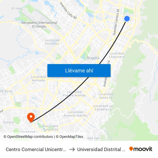 Centro Comercial Unicentro (Ak 15 - Cl 124) (A) to Universidad Distrital Sede Tecnológica map