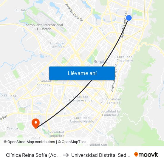 Clínica Reina Sofía (Ac 127 - Kr 20) to Universidad Distrital Sede Tecnológica map
