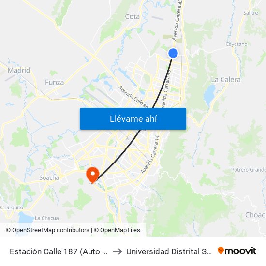 Estación Calle 187 (Auto Norte - Cl 187) (B) to Universidad Distrital Sede Tecnológica map