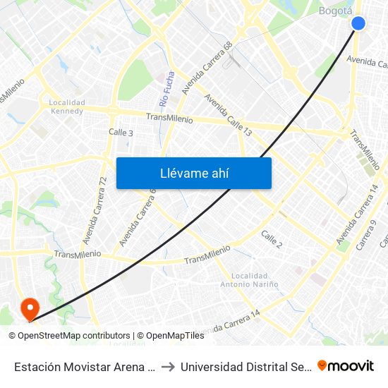 Estación Movistar Arena (Av. NQS - Cl 62) to Universidad Distrital Sede Tecnológica map