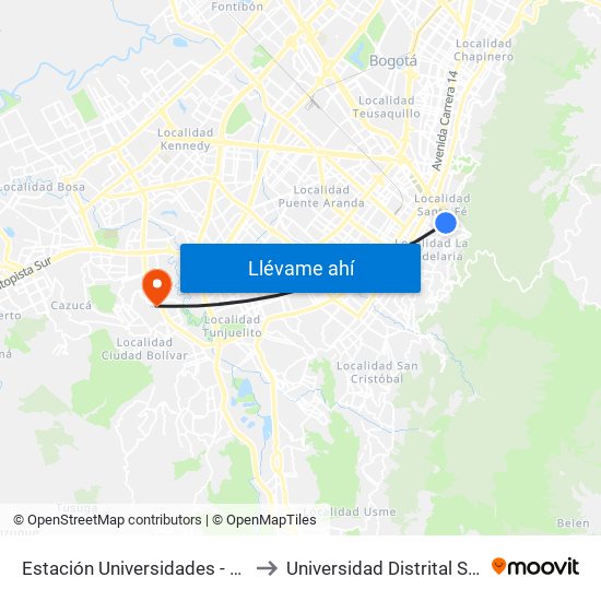 Estación Universidades - City U (Kr 3 - Cl 21) to Universidad Distrital Sede Tecnológica map