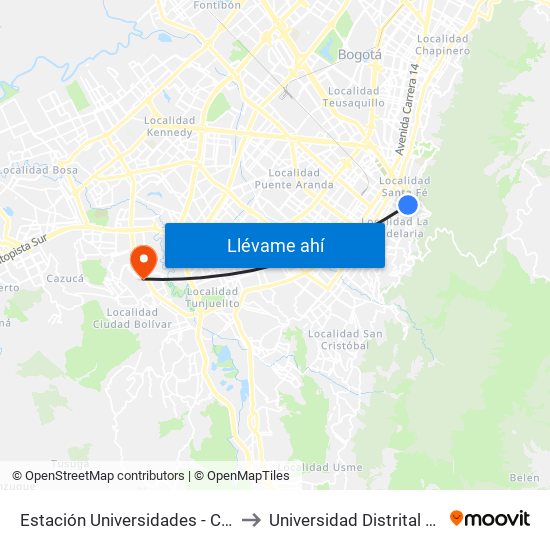 Estación Universidades (Kr 3 - Cl 20) (B) to Universidad Distrital Sede Tecnológica map