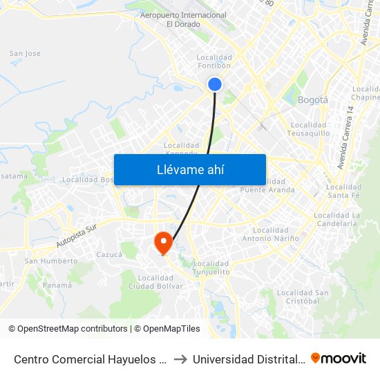 Centro Comercial Hayuelos (Av. C. De Cali - Cl 20) (A) to Universidad Distrital Sede Tecnológica map