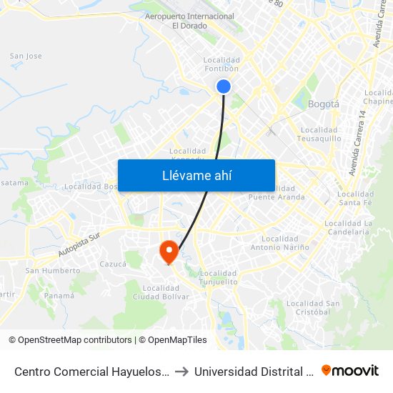 Centro Comercial Hayuelos (Av. C. De Cali - Cl 20) to Universidad Distrital Sede Tecnológica map