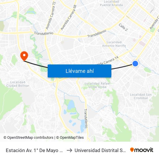 Estación Av. 1° De Mayo (Cl 17 Sur - Kr 9a) to Universidad Distrital Sede Tecnológica map