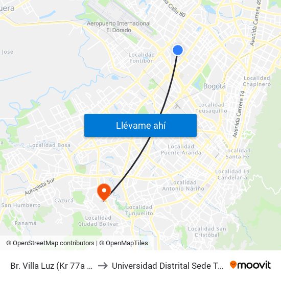 Br. Villa Luz (Kr 77a - Cl 63c) to Universidad Distrital Sede Tecnológica map
