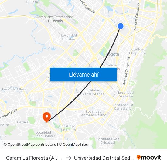 Cafam La Floresta (Ak 68 - Cl 98) (A) to Universidad Distrital Sede Tecnológica map