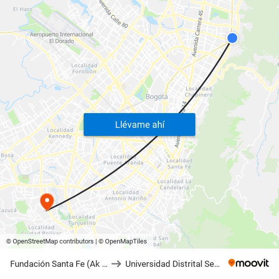 Fundación Santa Fe (Ak 7 - Cl 118) (B) to Universidad Distrital Sede Tecnológica map