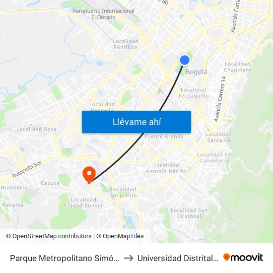 Parque Metropolitano Simón Bolívar (Ac 63 - Ak 68) to Universidad Distrital Sede Tecnológica map