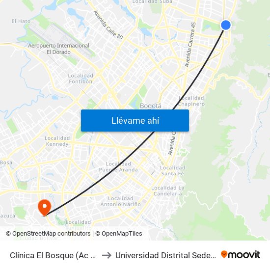 Clínica El Bosque (Ac 134 - Kr 7a) to Universidad Distrital Sede Tecnológica map