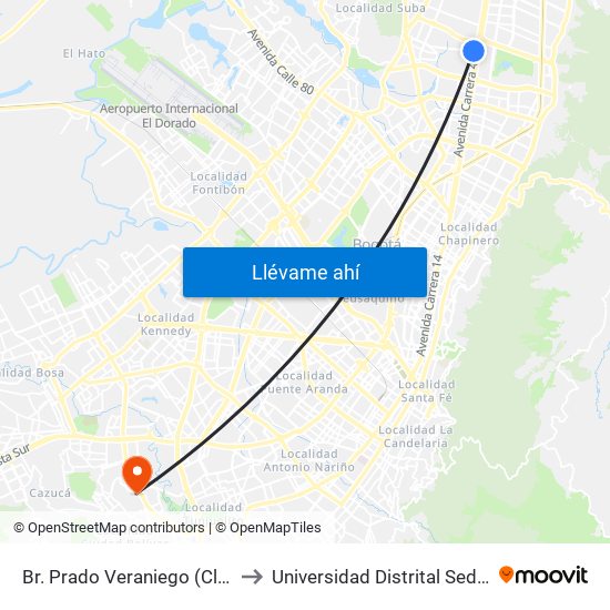 Br. Prado Veraniego (Cl 129 - Kr 45a) to Universidad Distrital Sede Tecnológica map