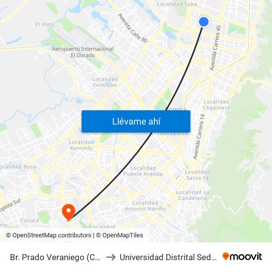 Br. Prado Veraniego (Cl 129 - Kr 55) to Universidad Distrital Sede Tecnológica map