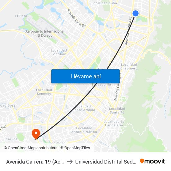 Avenida Carrera 19 (Ac 134 - Ak 19) to Universidad Distrital Sede Tecnológica map