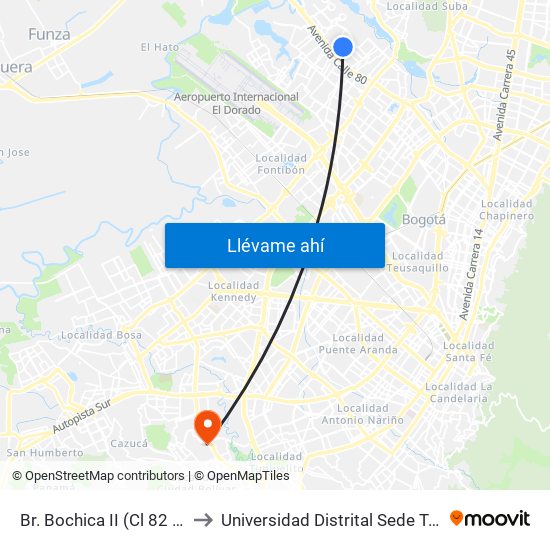 Br. Bochica II (Cl 82 - Kr 102) to Universidad Distrital Sede Tecnológica map