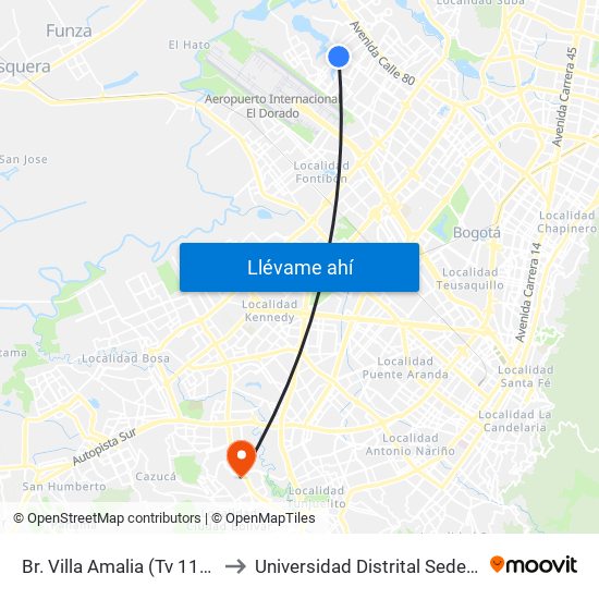 Br. Villa Amalia (Tv 110g - Cl 71c) to Universidad Distrital Sede Tecnológica map