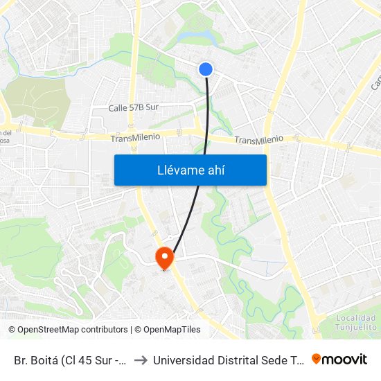 Br. Boitá (Cl 45 Sur - Kr 72m) to Universidad Distrital Sede Tecnológica map