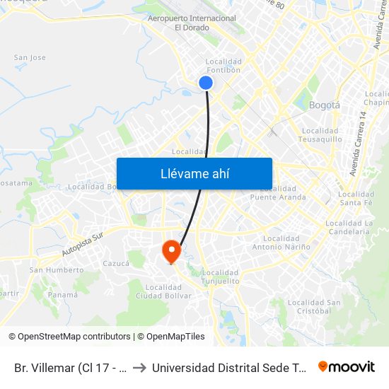 Br. Villemar (Cl 17 - Kr 96b) to Universidad Distrital Sede Tecnológica map