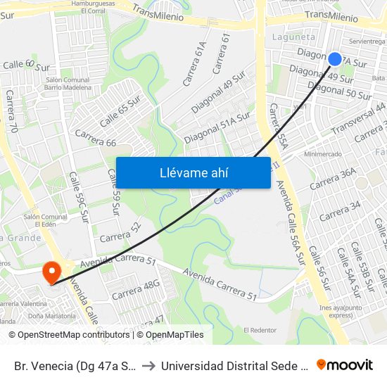 Br. Venecia (Dg 47a Sur - Kr 53) to Universidad Distrital Sede Tecnológica map