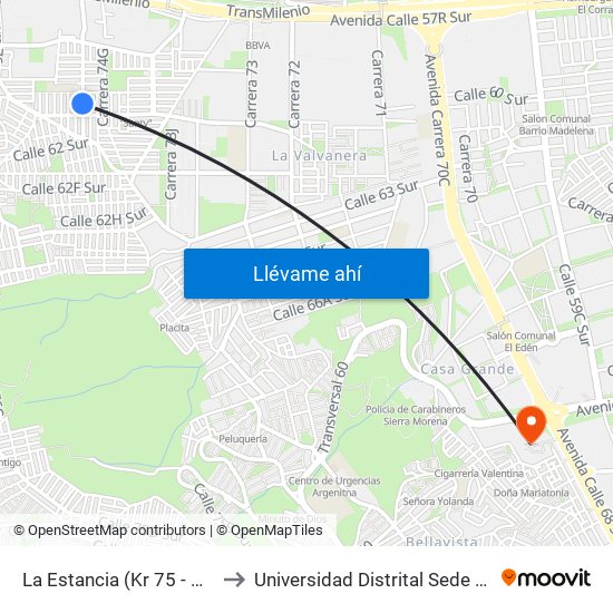 La Estancia (Kr 75 - Cl 59a Sur) to Universidad Distrital Sede Tecnológica map