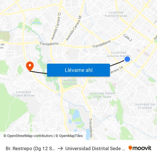 Br. Restrepo (Dg 12 Sur - Kr 17) to Universidad Distrital Sede Tecnológica map