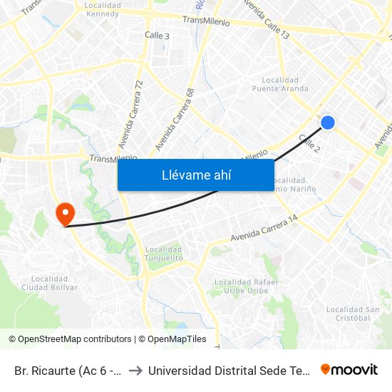 Br. Ricaurte (Ac 6 - Kr 26) to Universidad Distrital Sede Tecnológica map