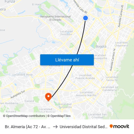 Br. Almería (Ac 72 - Av. C. De Cali) (A) to Universidad Distrital Sede Tecnológica map