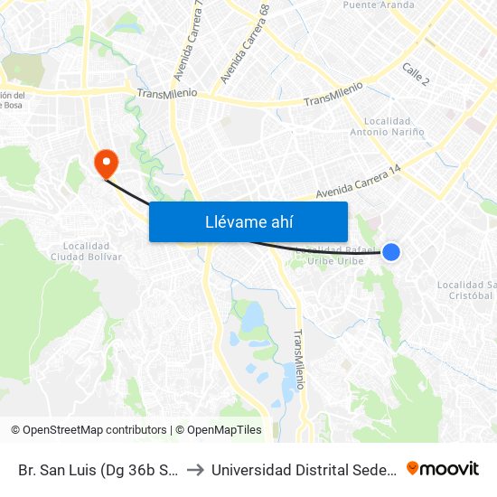 Br. San Luis (Dg 36b Sur - Kr 10a) to Universidad Distrital Sede Tecnológica map