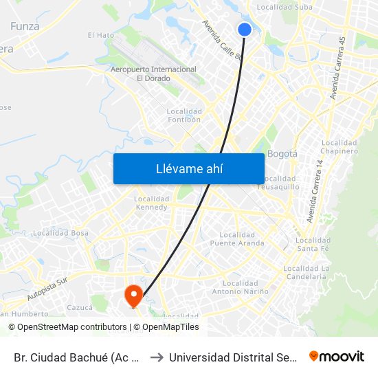 Br. Ciudad Bachué (Ac 90 - Kr 95f) (A) to Universidad Distrital Sede Tecnológica map