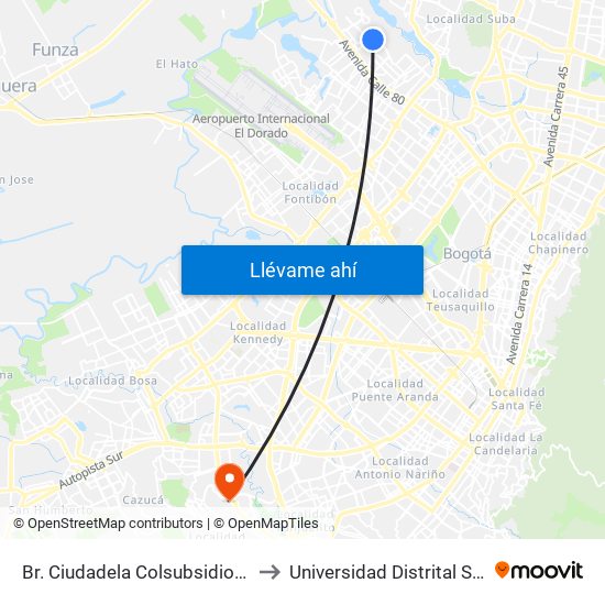Br. Ciudadela Colsubsidio (Dg 86a - Kr 111a) to Universidad Distrital Sede Tecnológica map