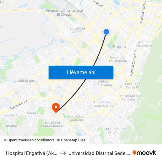 Hospital Engativá (Ak 70 - Cl 64) to Universidad Distrital Sede Tecnológica map