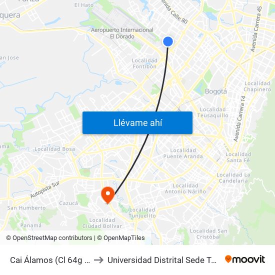 Cai Álamos (Cl 64g - Kr 92) to Universidad Distrital Sede Tecnológica map