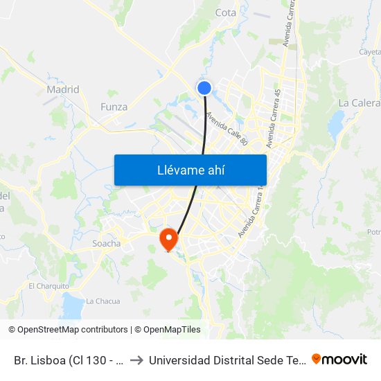 Br. Lisboa (Cl 130 - Kr 153) to Universidad Distrital Sede Tecnológica map