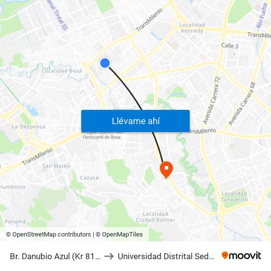 Br. Danubio Azul (Kr 81i - Cl 55 Sur) to Universidad Distrital Sede Tecnológica map